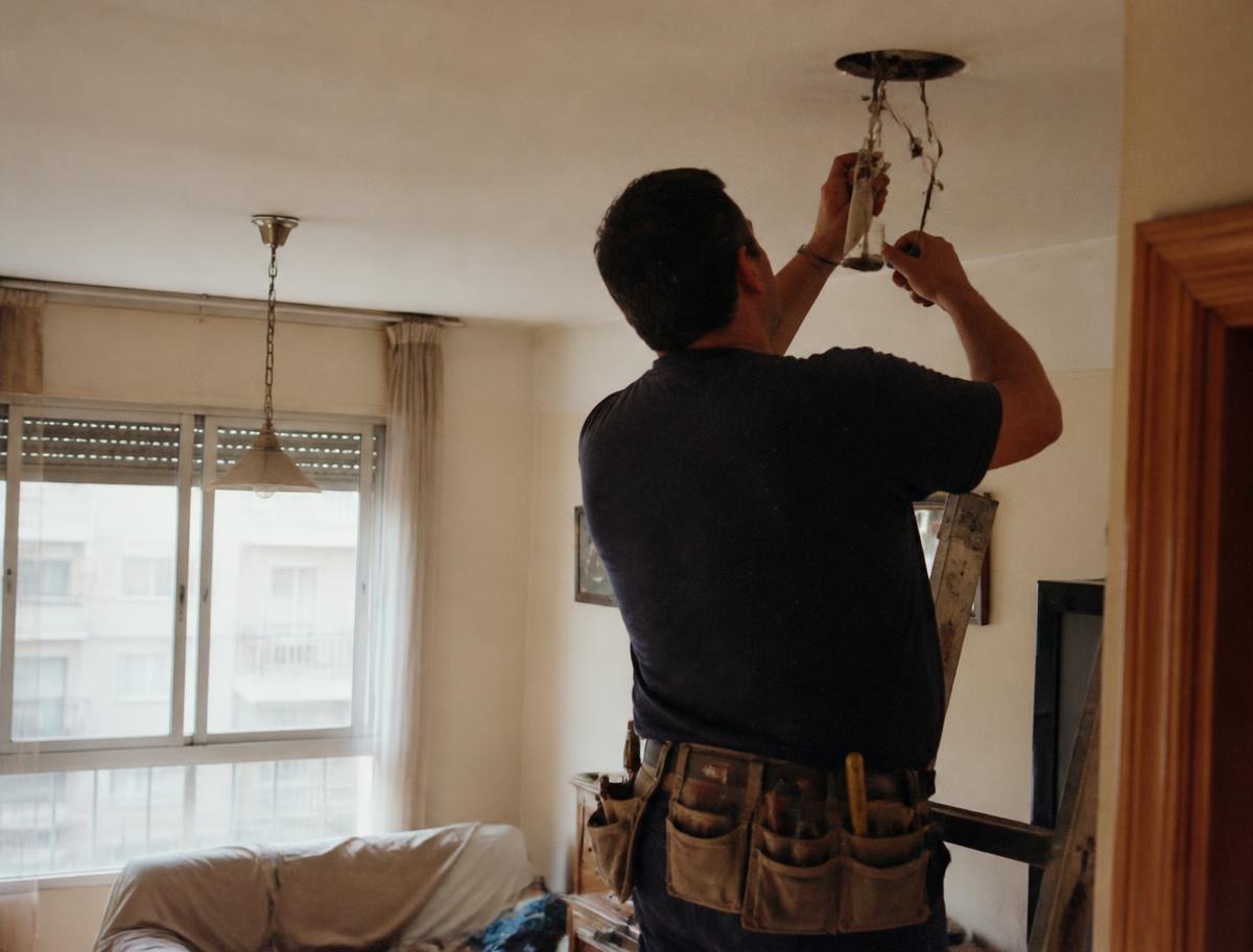 Electricista instalando una lámpara de techo