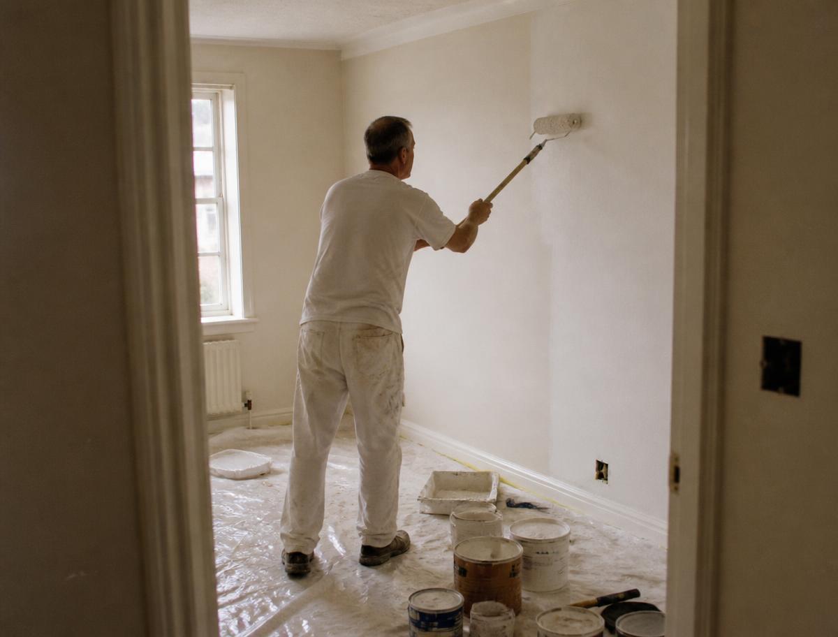 Pintor dando rodillo a la pared de una vivienda